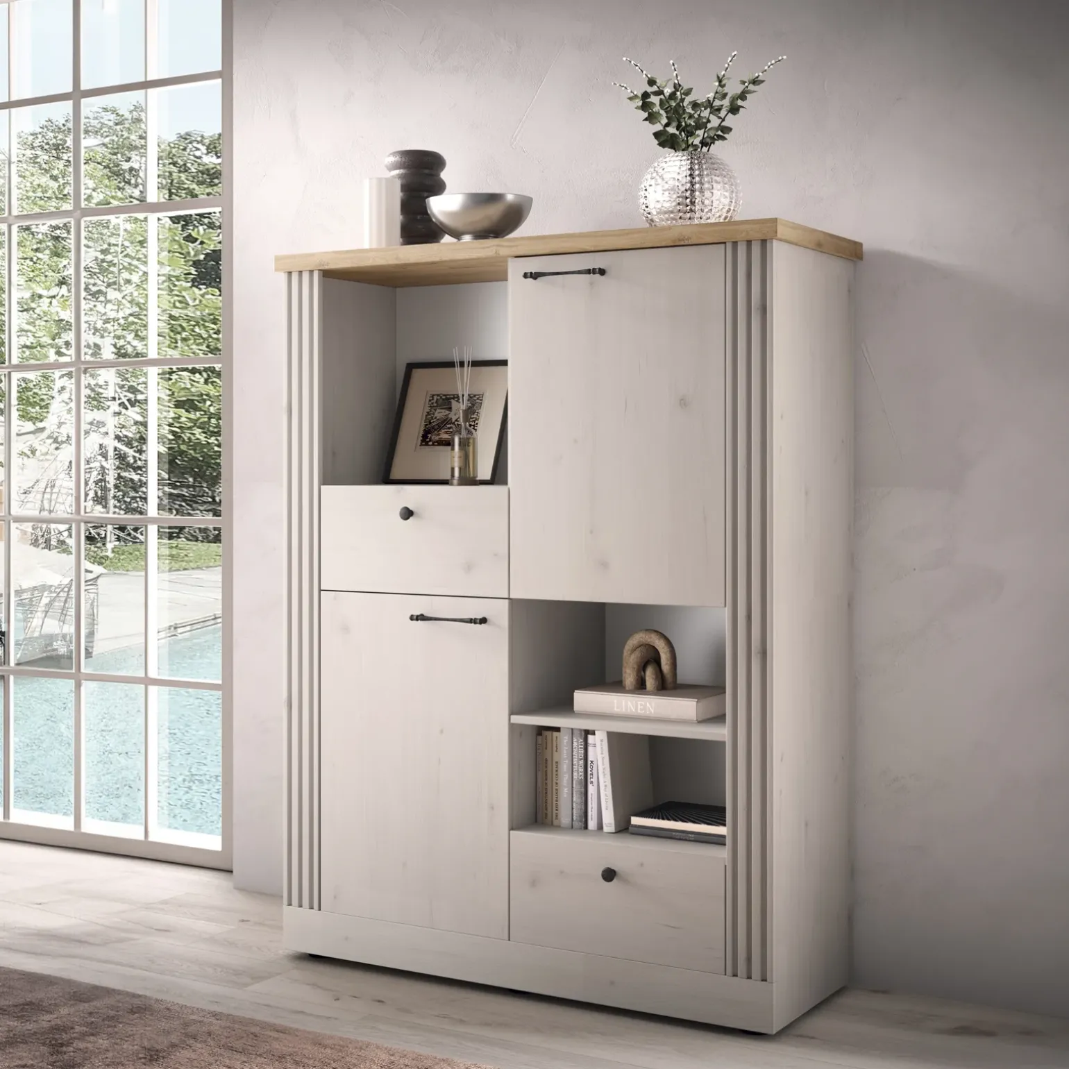 Credenza alta 118x160h cm 2 ante 3 vani 2 cassetti rovere bianco frassinato Doria