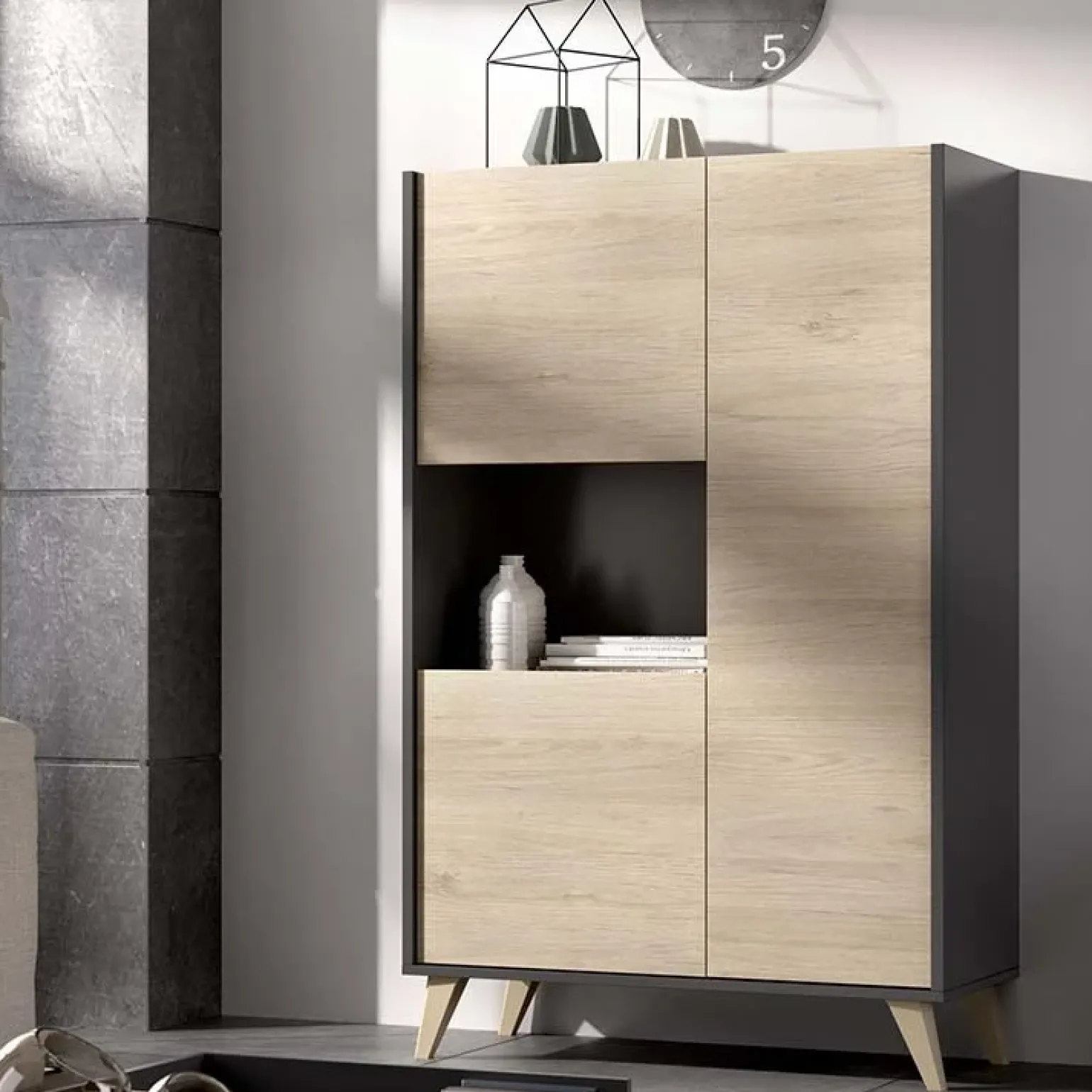 Credenza alta 81x135h cm 3 ante moderna rovere grafite Elmer