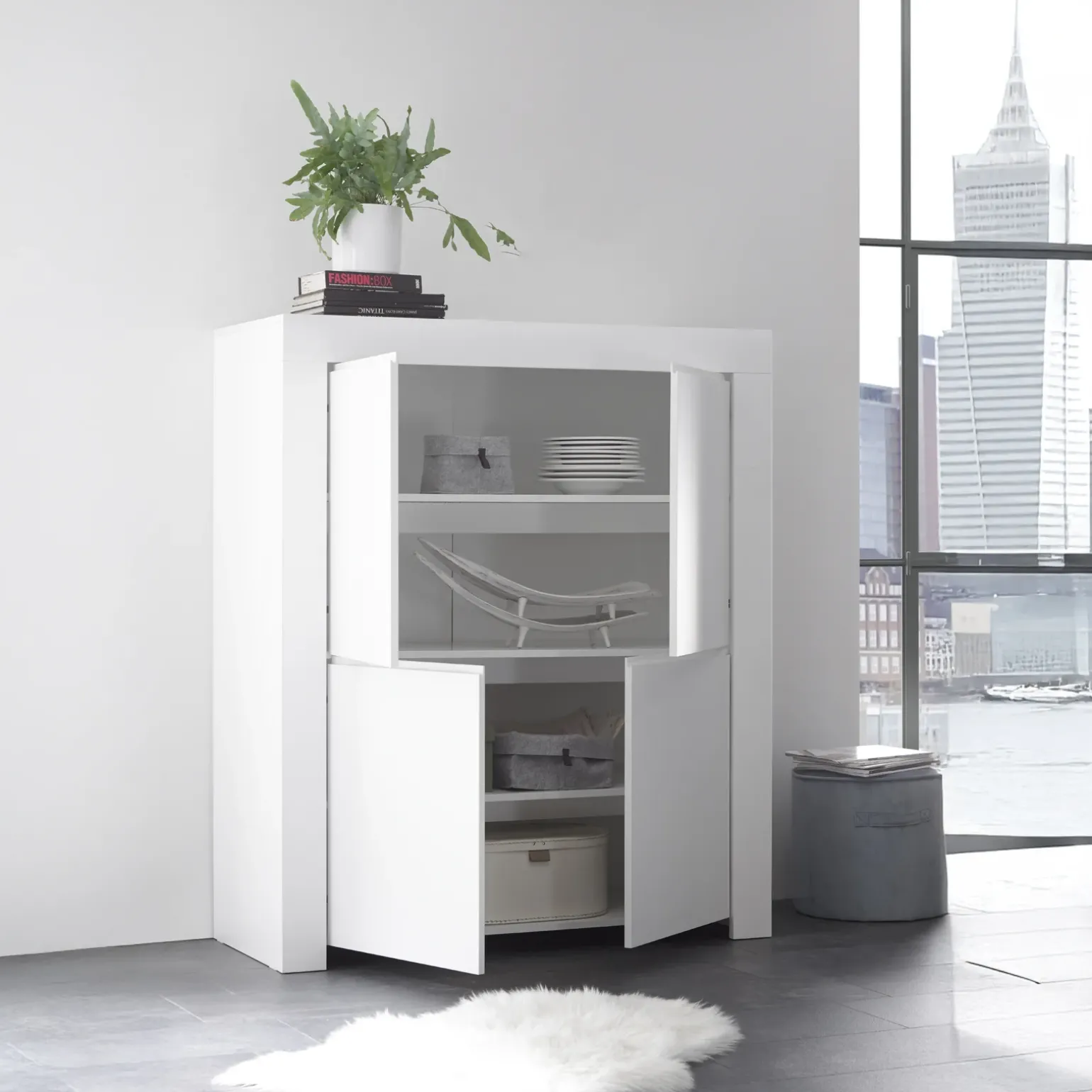Credenza alta 110x140h cm 4 ante soggiorno moderna bianco opaco Bruma
