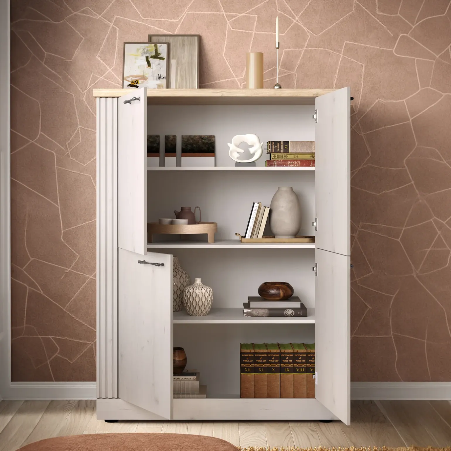 Credenza alta 118x160h cm 4 ante moderna rovere bianco frassinato Doria
