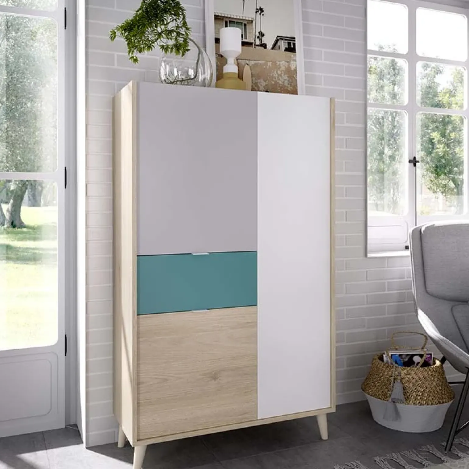 Credenza alta 80x137h cm 3 ante rovere grigio bianco petrolio Dominic