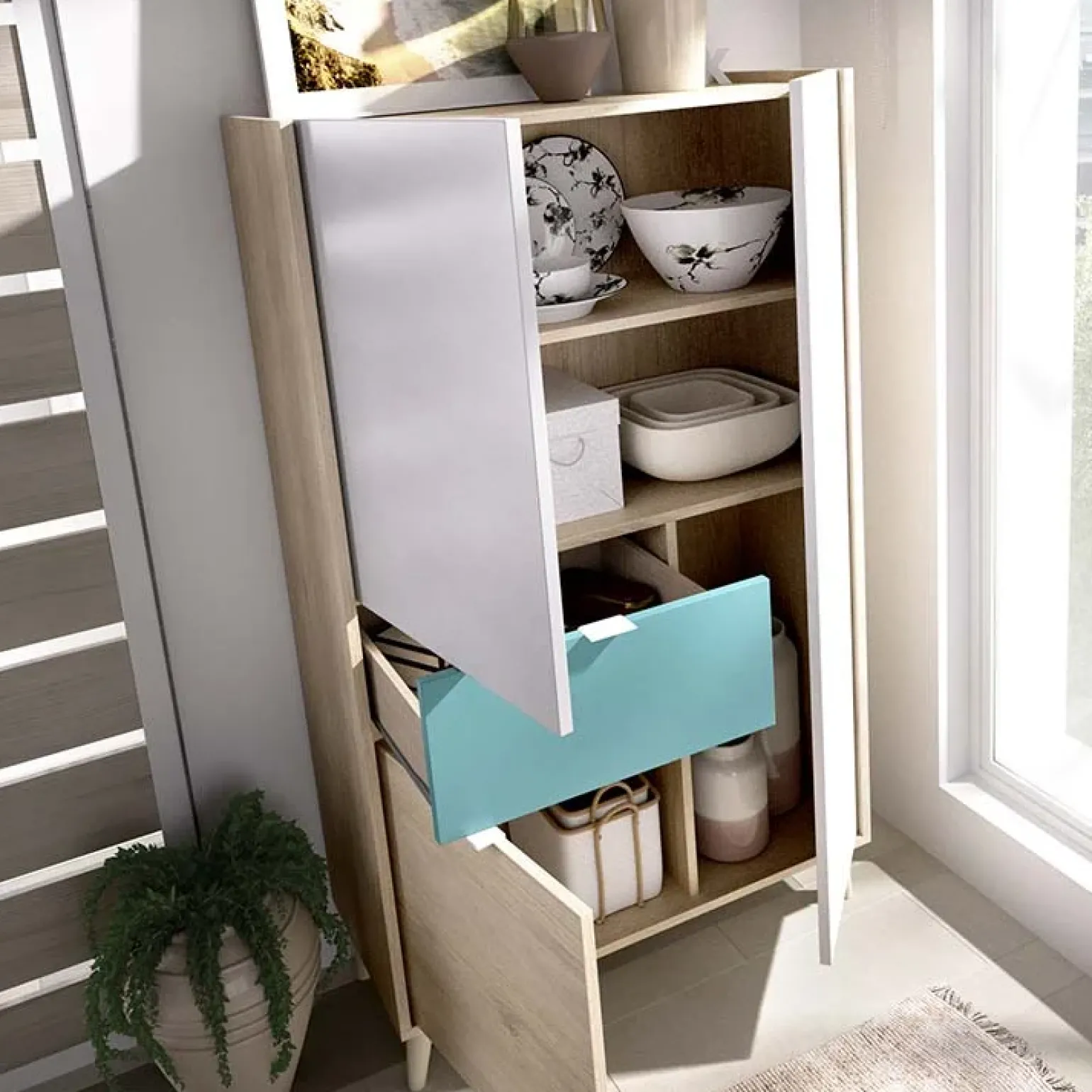 Credenza alta 80x137h cm 3 ante rovere grigio bianco petrolio Dominic