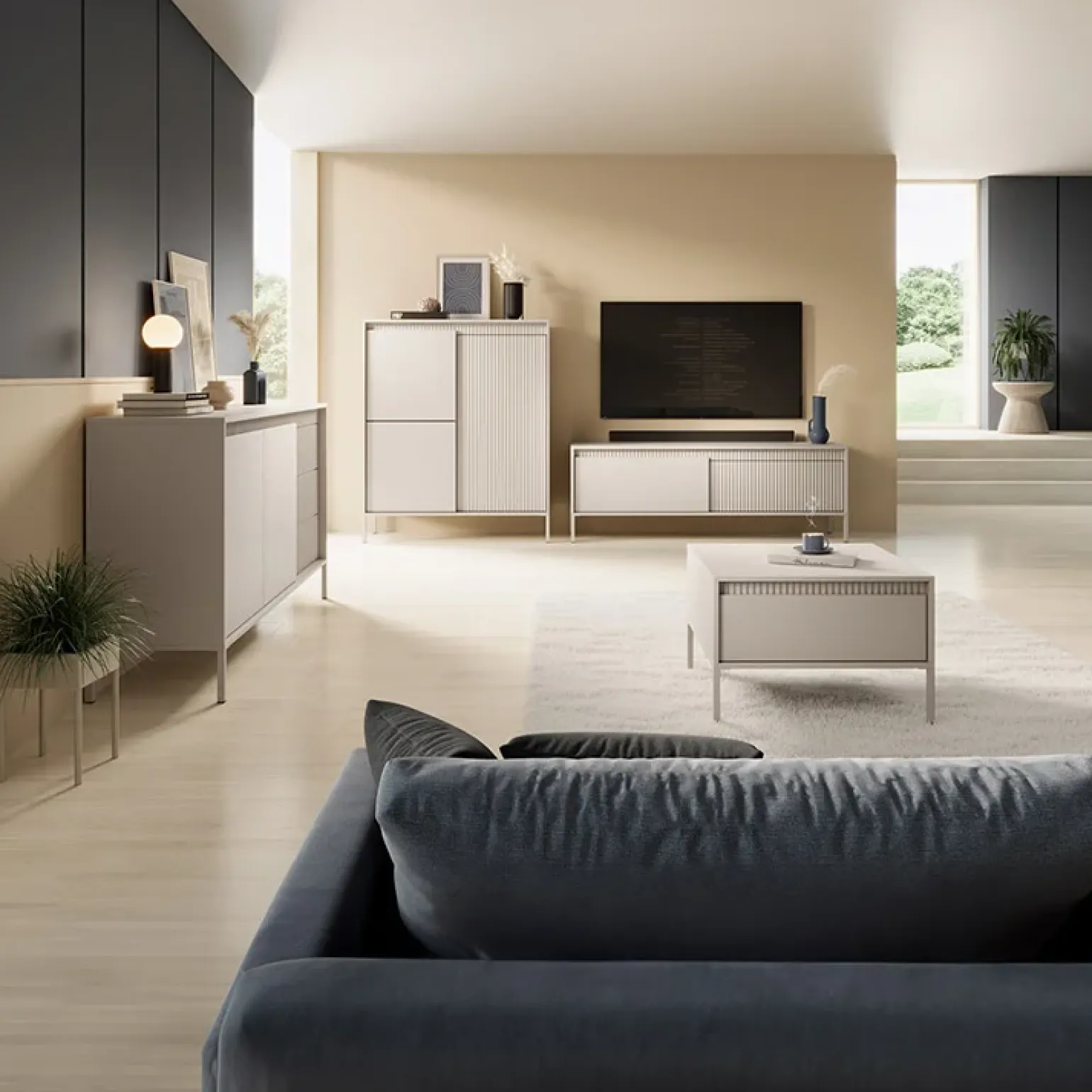 Credenza alta 104x124h cm 3 ante beige cannettato Ciar