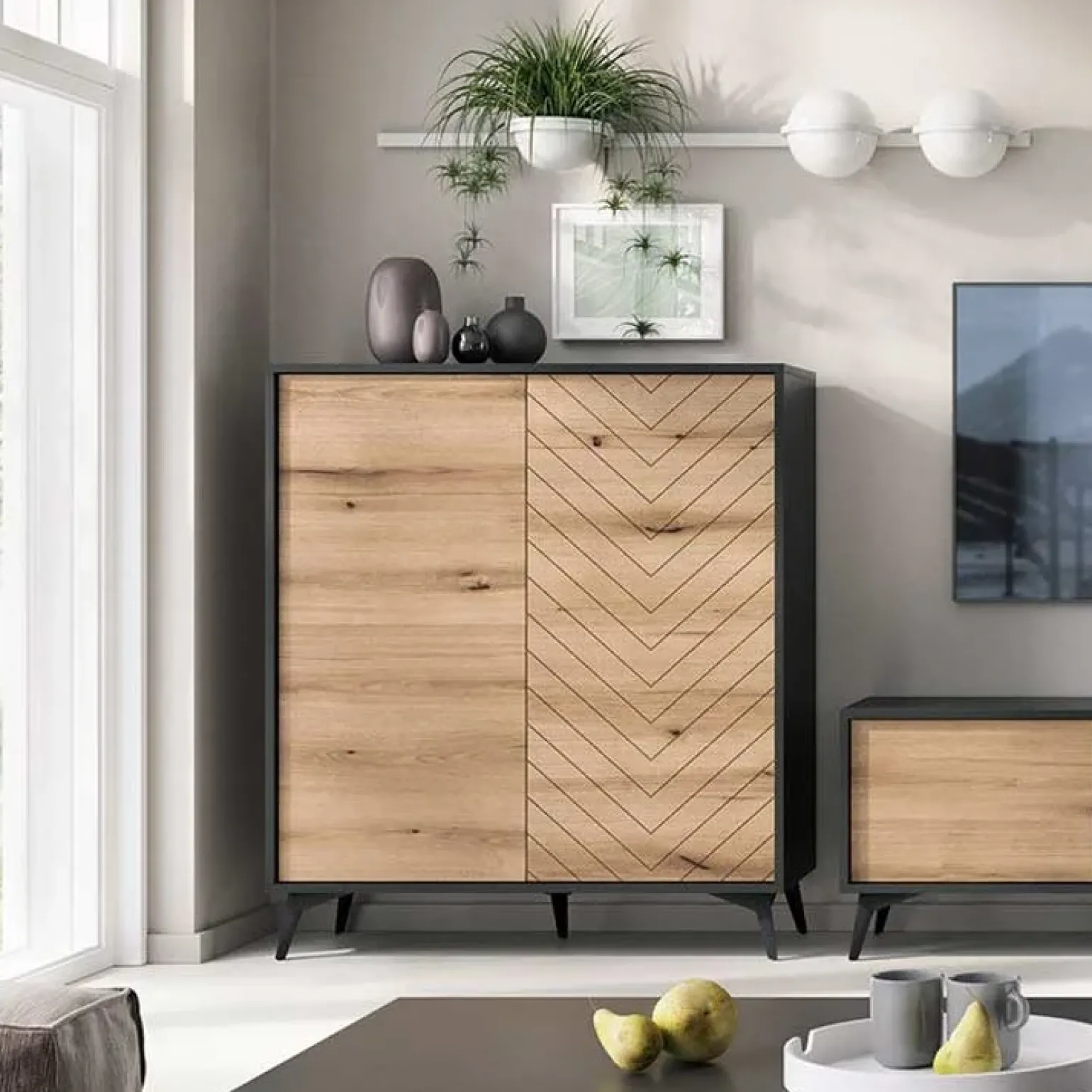 Credenza alta 104x119h cm 2 ante moderna soggiorno quercia nero Becca