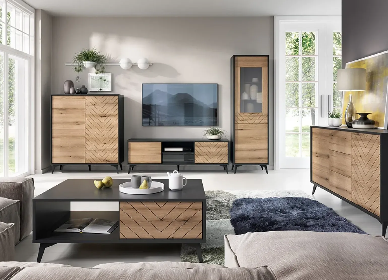 Credenza alta 104x119h cm 2 ante moderna soggiorno quercia nero Becca