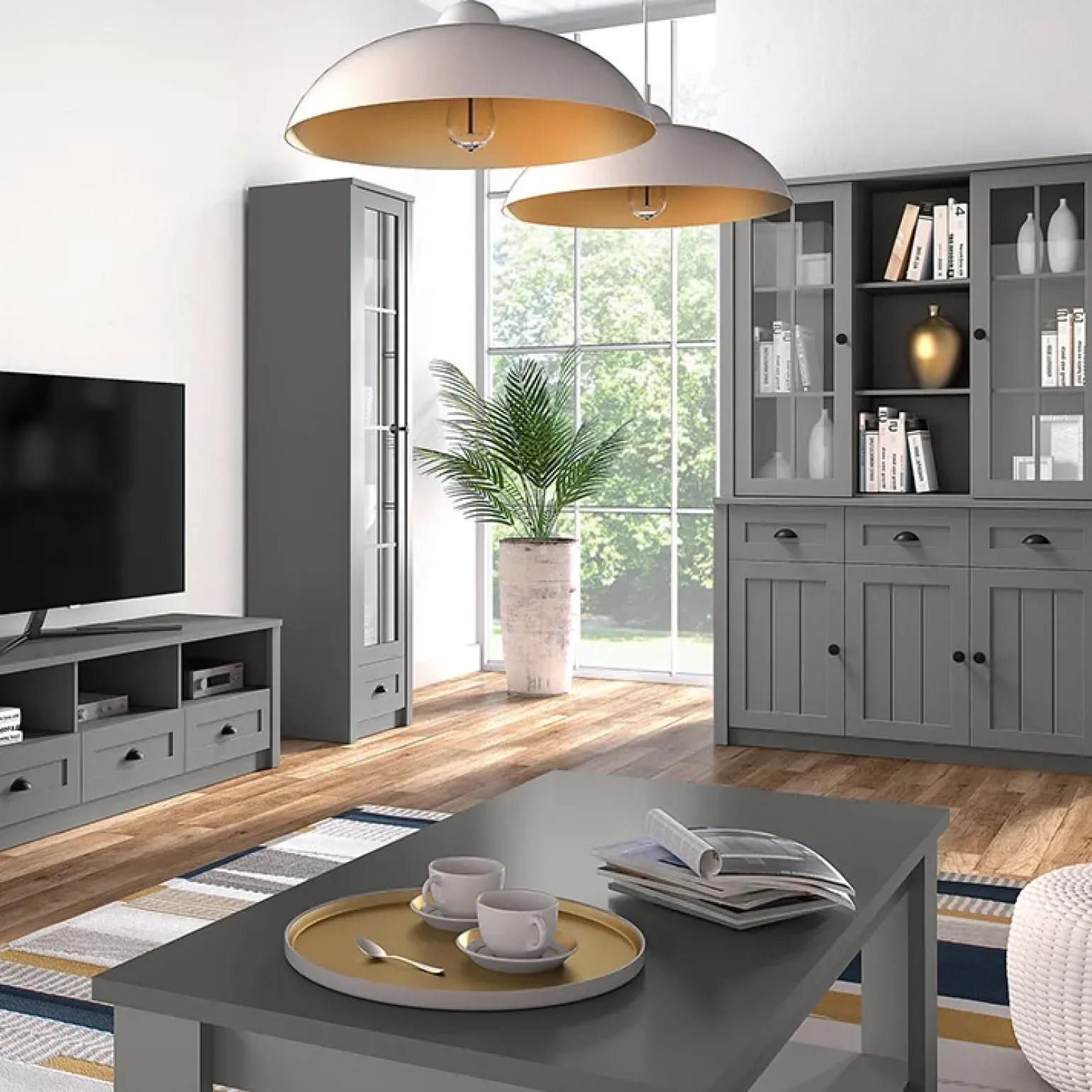 Credenza alta 130x200h cm 3 cassetti con vetrina grigio Provenza