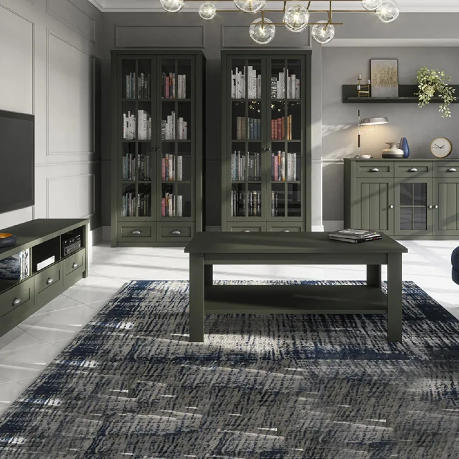 Credenza alta 130x200h cm 3 cassetti con vetrina verde Provenza