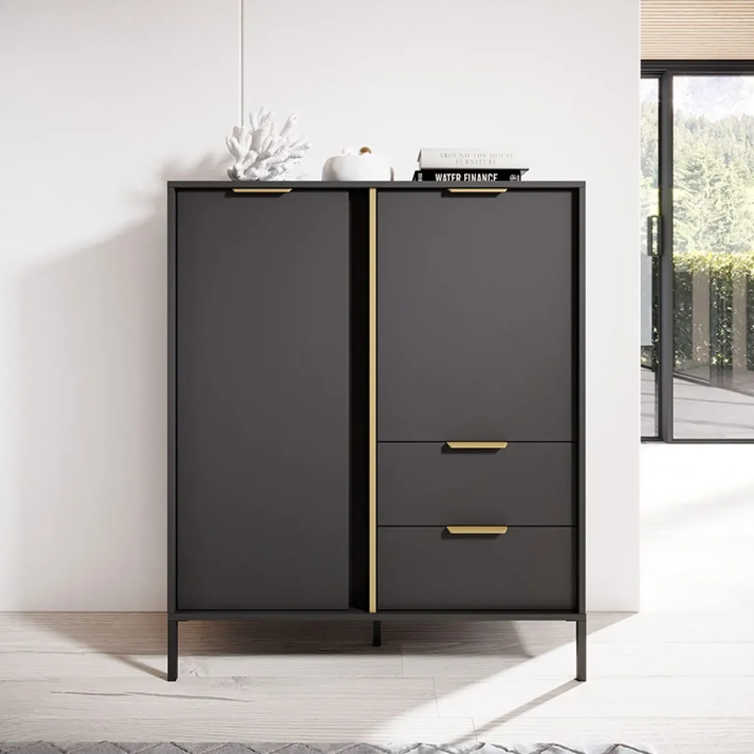 Credenza alta 103x123h cm moderna 2 ante 2 cassetti antracite Nebula