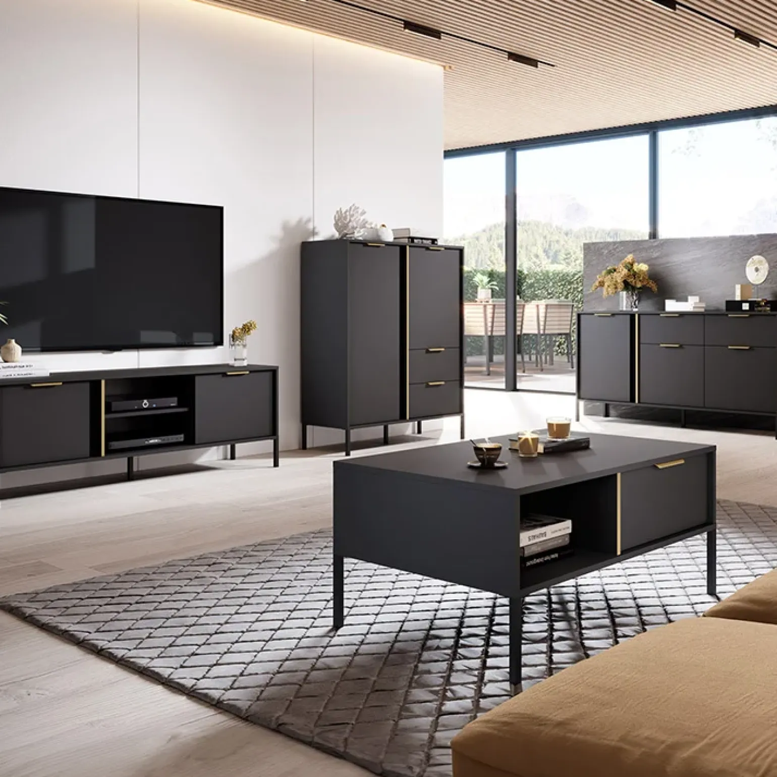 Credenza alta 103x123h cm moderna 2 ante 2 cassetti antracite Nebula