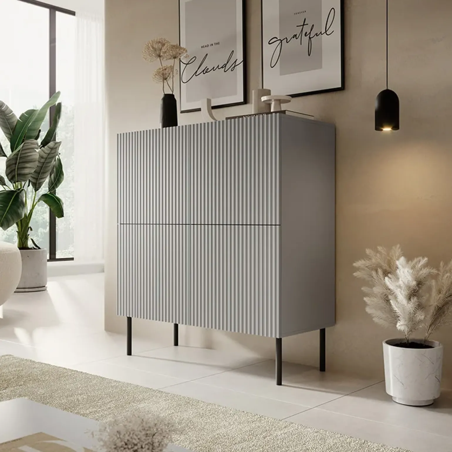 Credenza alta 100x110h cm moderna soggiorno grigio chiaro nero Cadice
