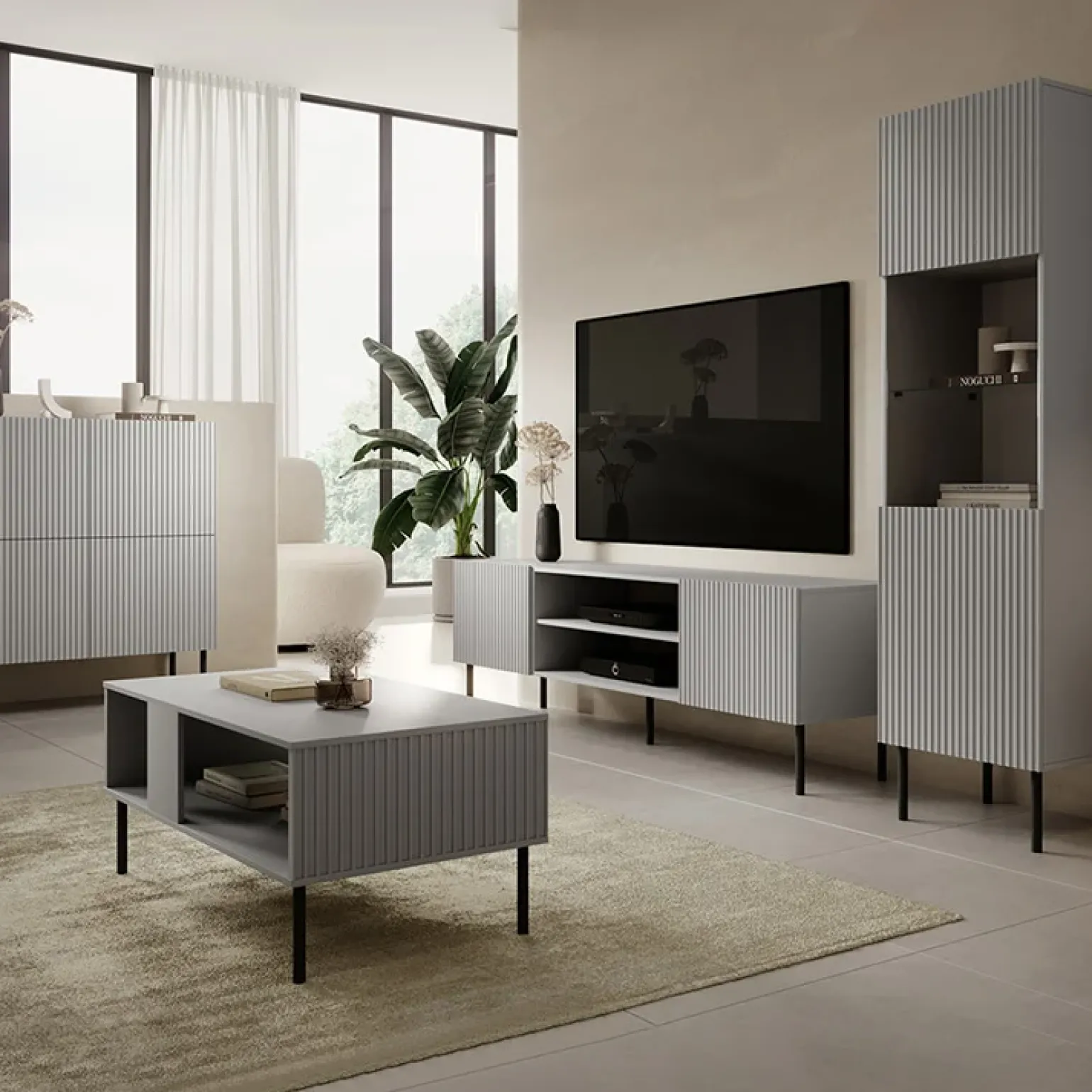 Credenza alta 100x110h cm moderna soggiorno grigio chiaro nero Cadice