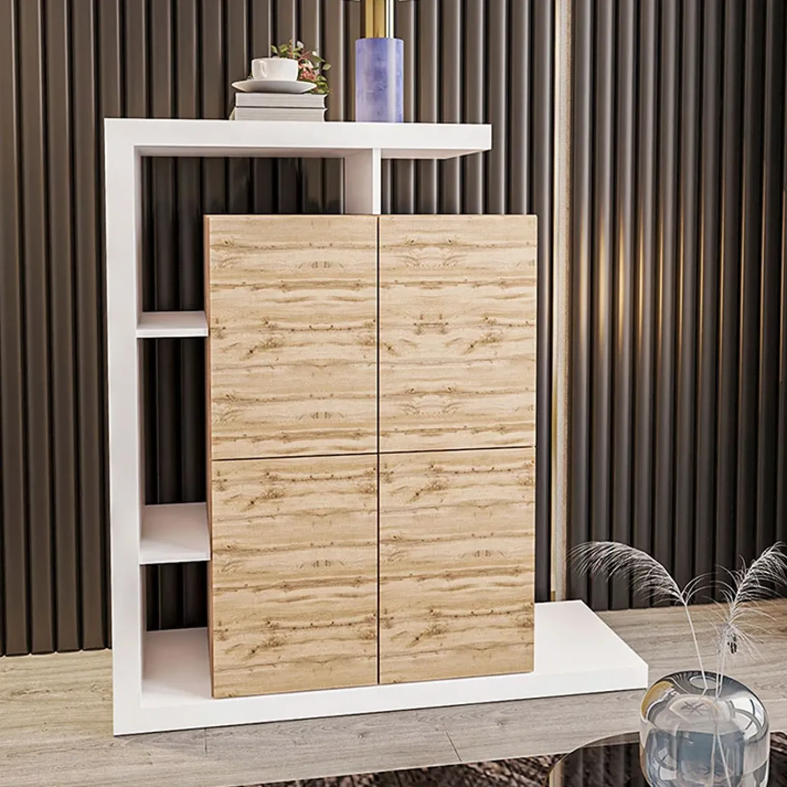 Credenza alta 129x151h cm moderna bianco rovere Pabla