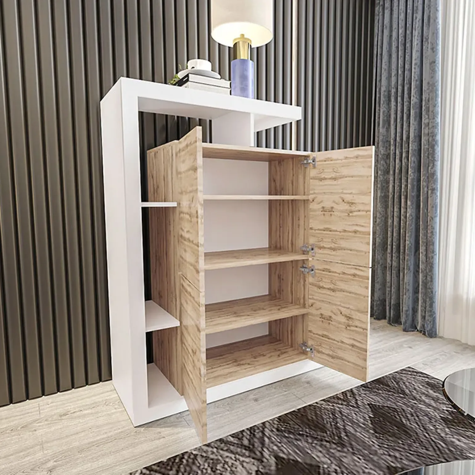 Credenza alta 129x151h cm moderna bianco rovere Pabla