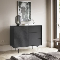 Credenza 97x83h cm 1 anta 3 cassetti moderna antracite frassinato nero Parigi