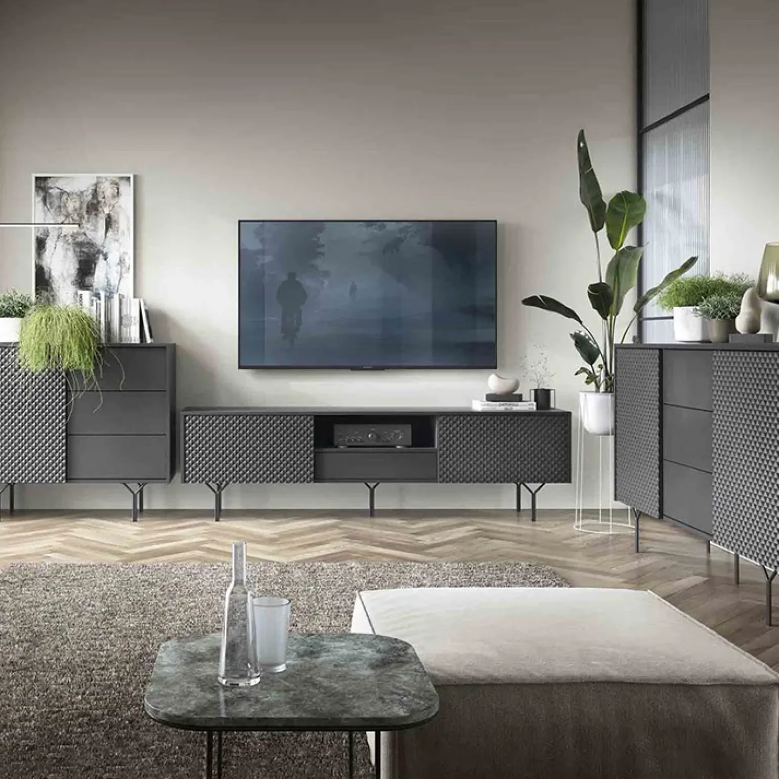 Credenza 97x83h cm 1 anta 3 cassetti moderna antracite frassinato nero Parigi
