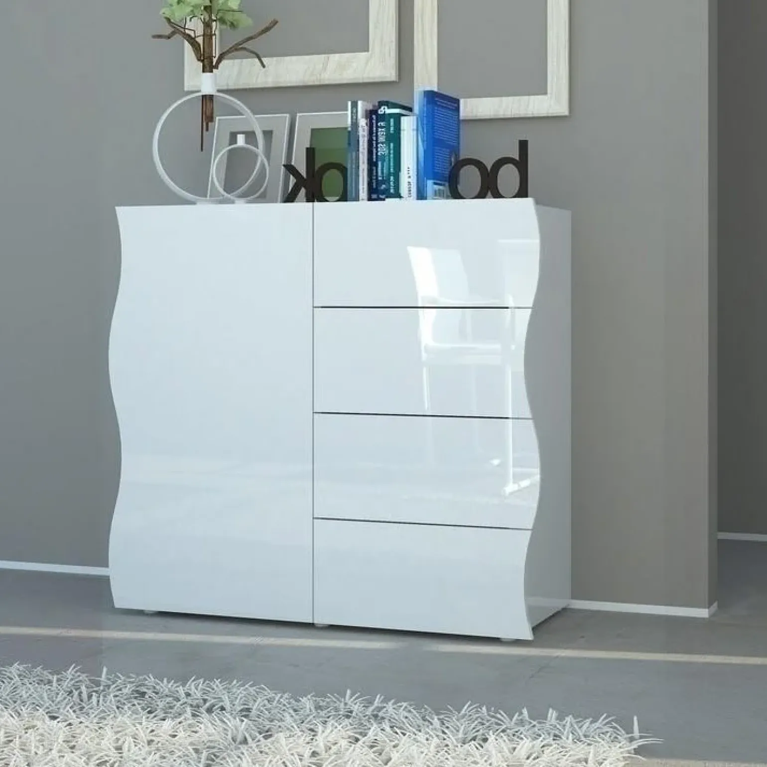 Credenza 90x81h cm 1 anta 4 cassetti soggiorno bianco lucido Sea Gihome®