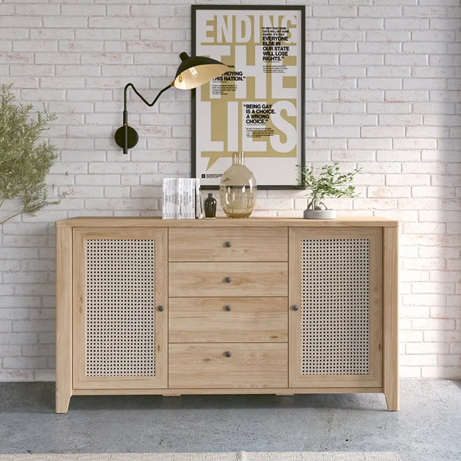 Credenza 164x91h cm 2 ante 4 cassetti moderna rovere naturale Astoria