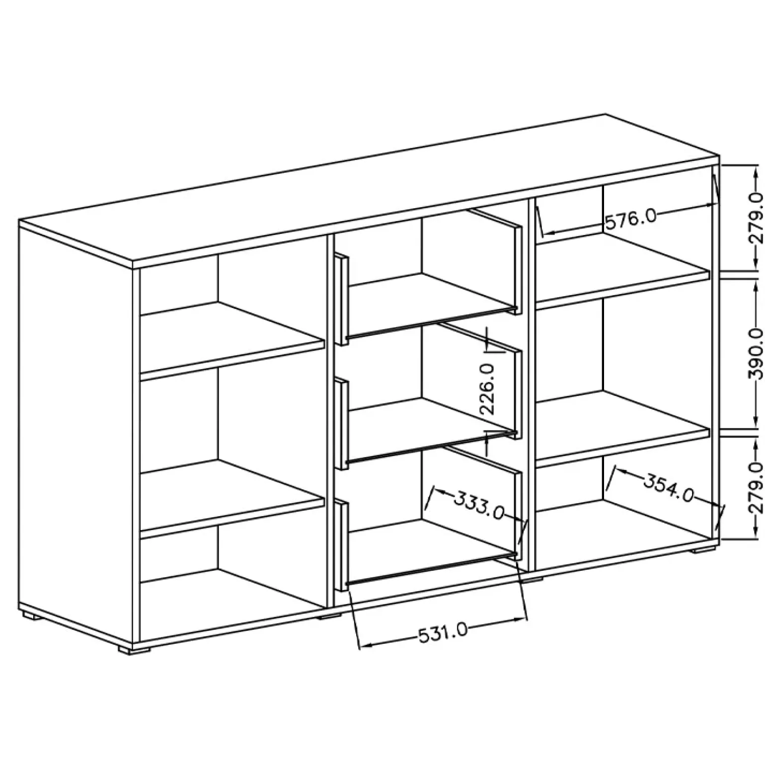 Credenza 180x103h cm 2 ante 3 cassetti con vetrinetta moderna bianco opaco e lucido Maiorca