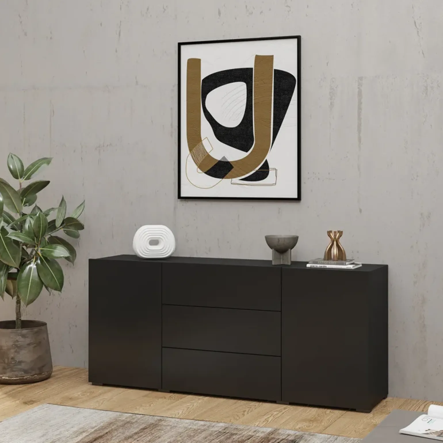 Credenza 140x63h cm 2 ante 3 cassetti moderna soggiorno nero Fusion