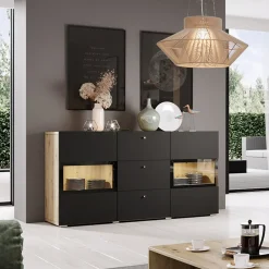 Credenza 132x70h cm 2 ante 3 cassetti rovere chiaro nero Emotion Gihome®