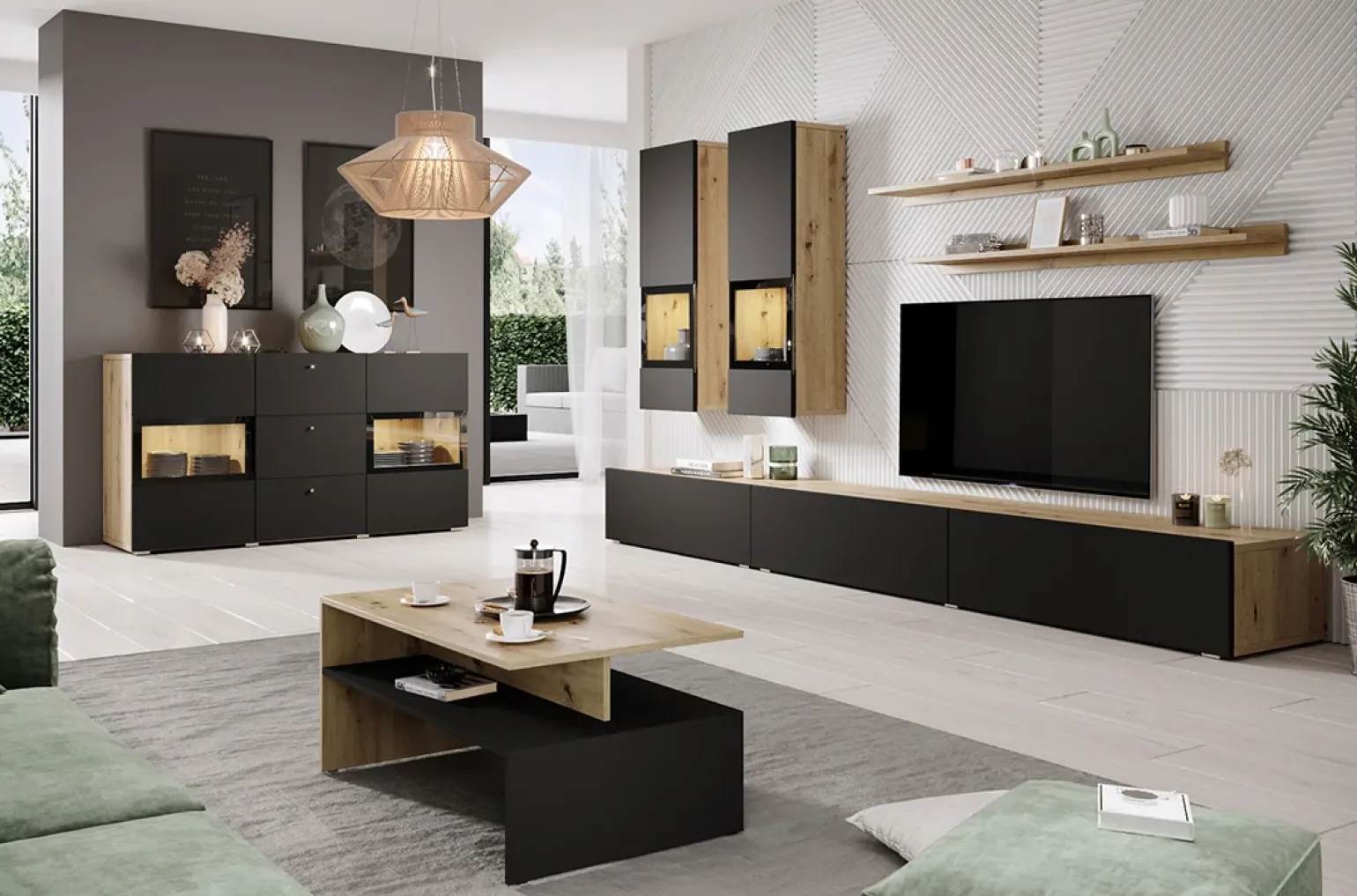 Credenza 132x70h cm 2 ante 3 cassetti rovere chiaro nero Emotion Gihome®