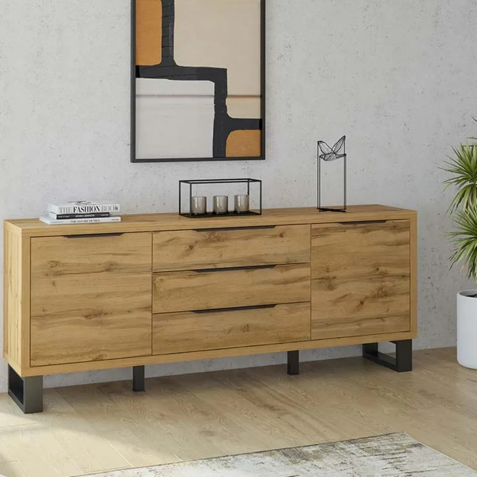 Credenza 201x83h cm 2 ante 3 cassetti moderna quercia metallo nero Petra