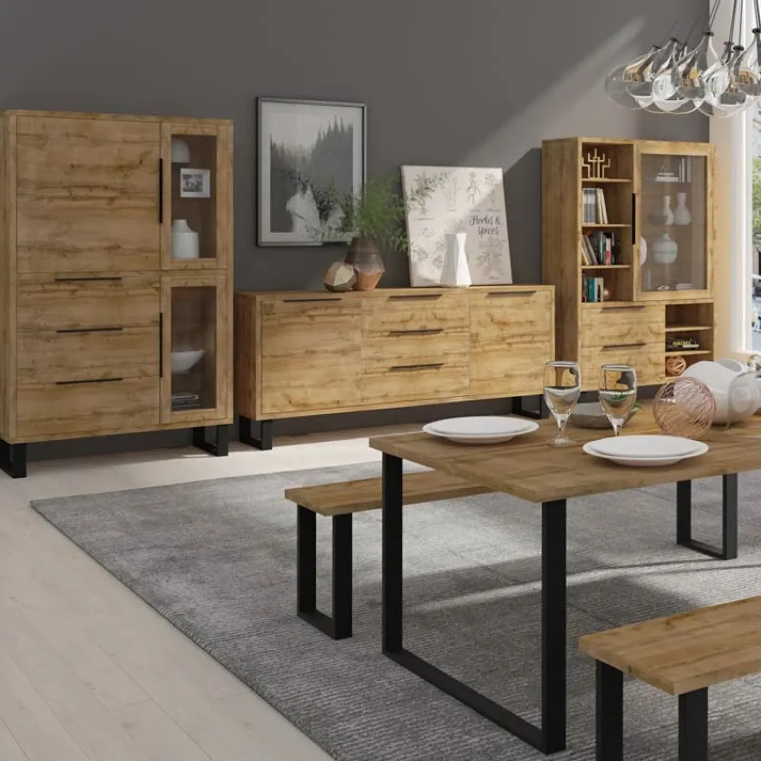 Credenza 201x83h cm 2 ante 3 cassetti moderna quercia metallo nero Petra
