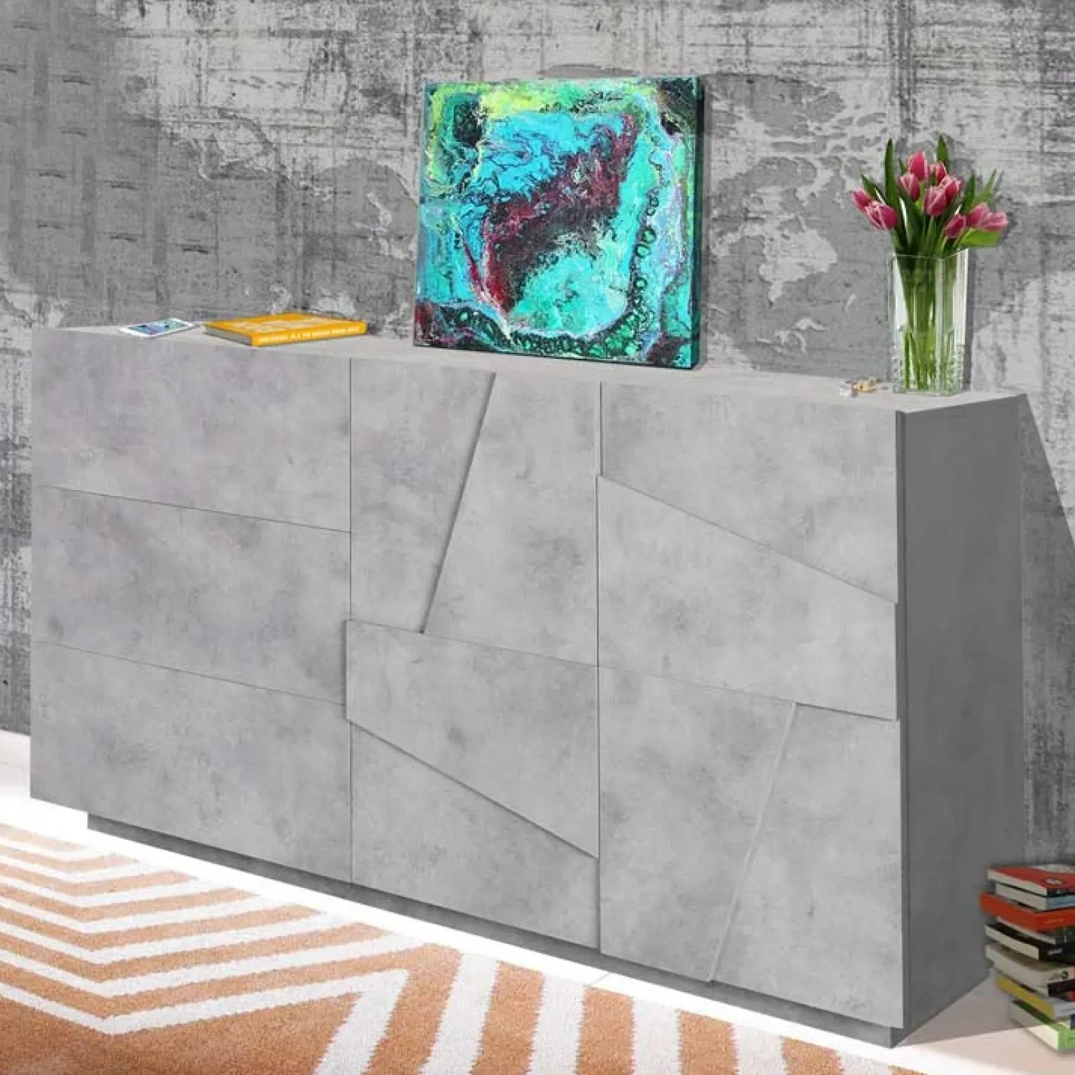 Credenza 143x86h cm 2 ante 3 cassetti moderna cemento Zenzero Gihome®