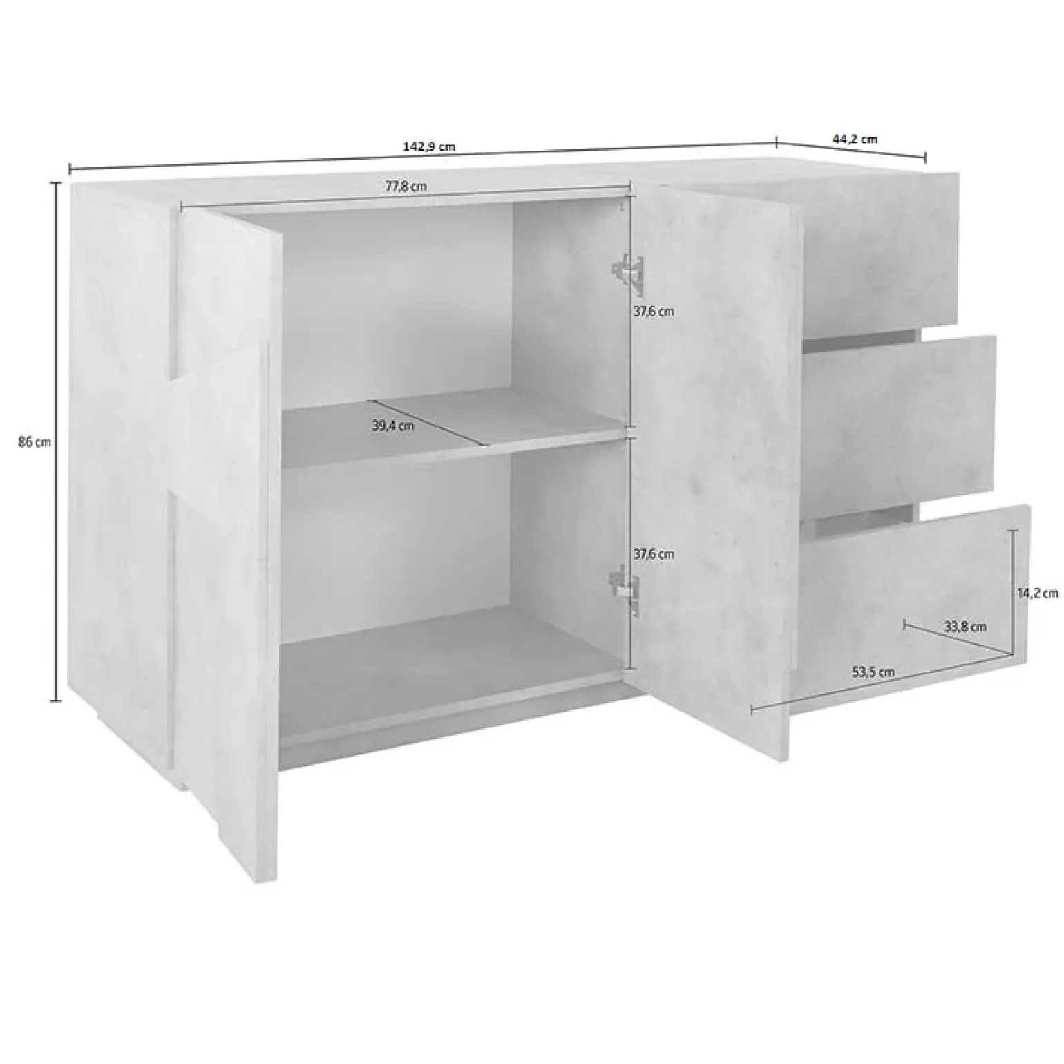 Credenza 143x86h cm 2 ante 3 cassetti moderna cemento Zenzero Gihome®