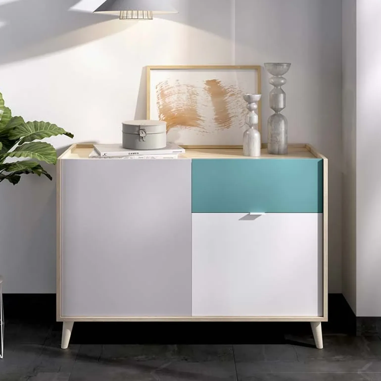 Credenza 105x75h cm 2 ante 1 cassetto rovere grigio bianco petrolio Dominic