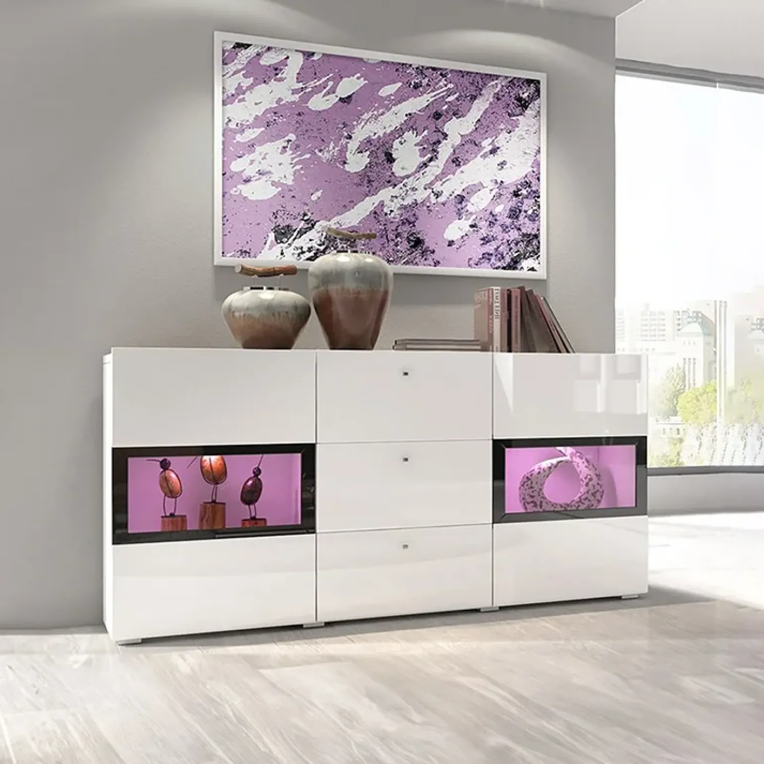 Credenza 132x70h cm 2 ante 3 cassetti moderna bianco lucido nero Emotion Gihome®