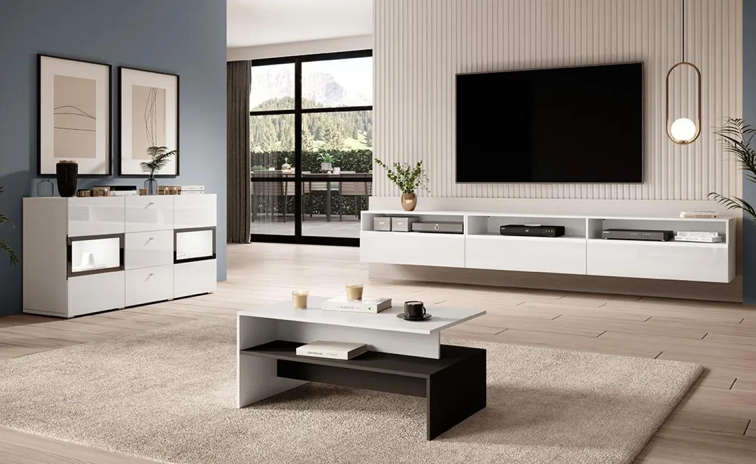 Credenza 132x70h cm 2 ante 3 cassetti moderna bianco lucido nero Emotion Gihome®