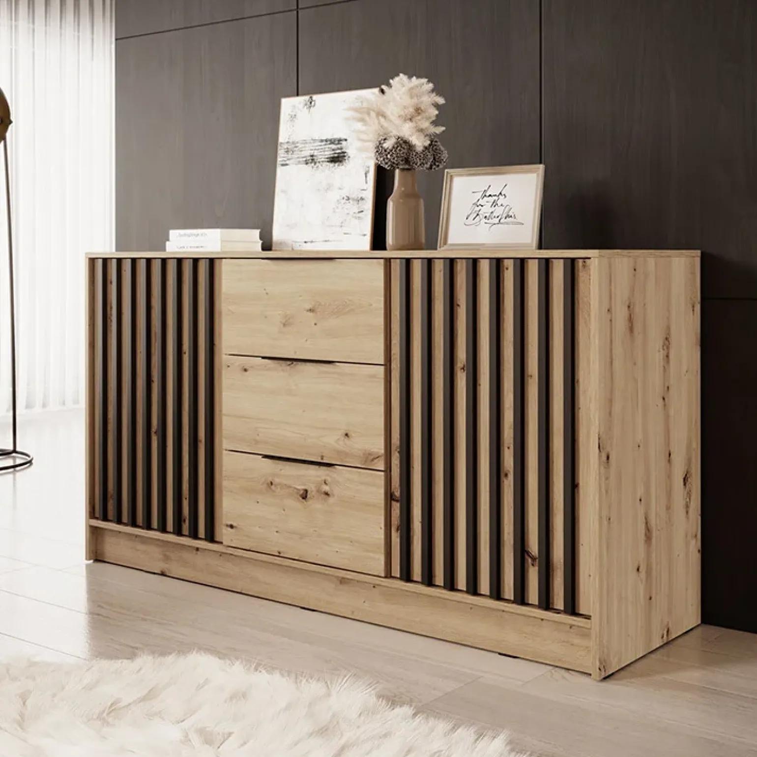Credenza 155x86h cm 2 ante 3 cassetti soggiorno quercia nero Miller