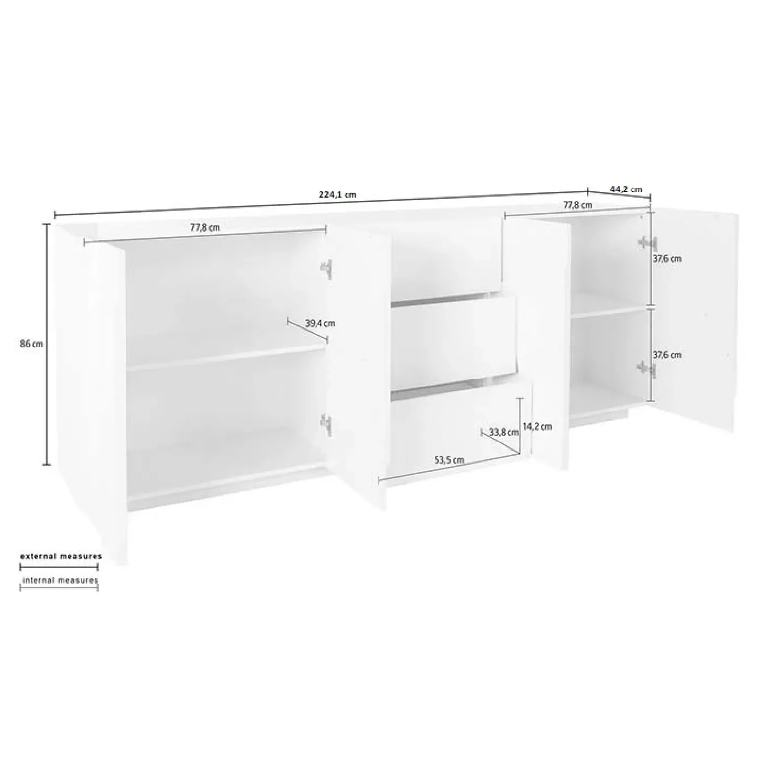 Credenza 224x86h cm 4 ante 3 cassetti moderna cemento Zenzero Gihome®
