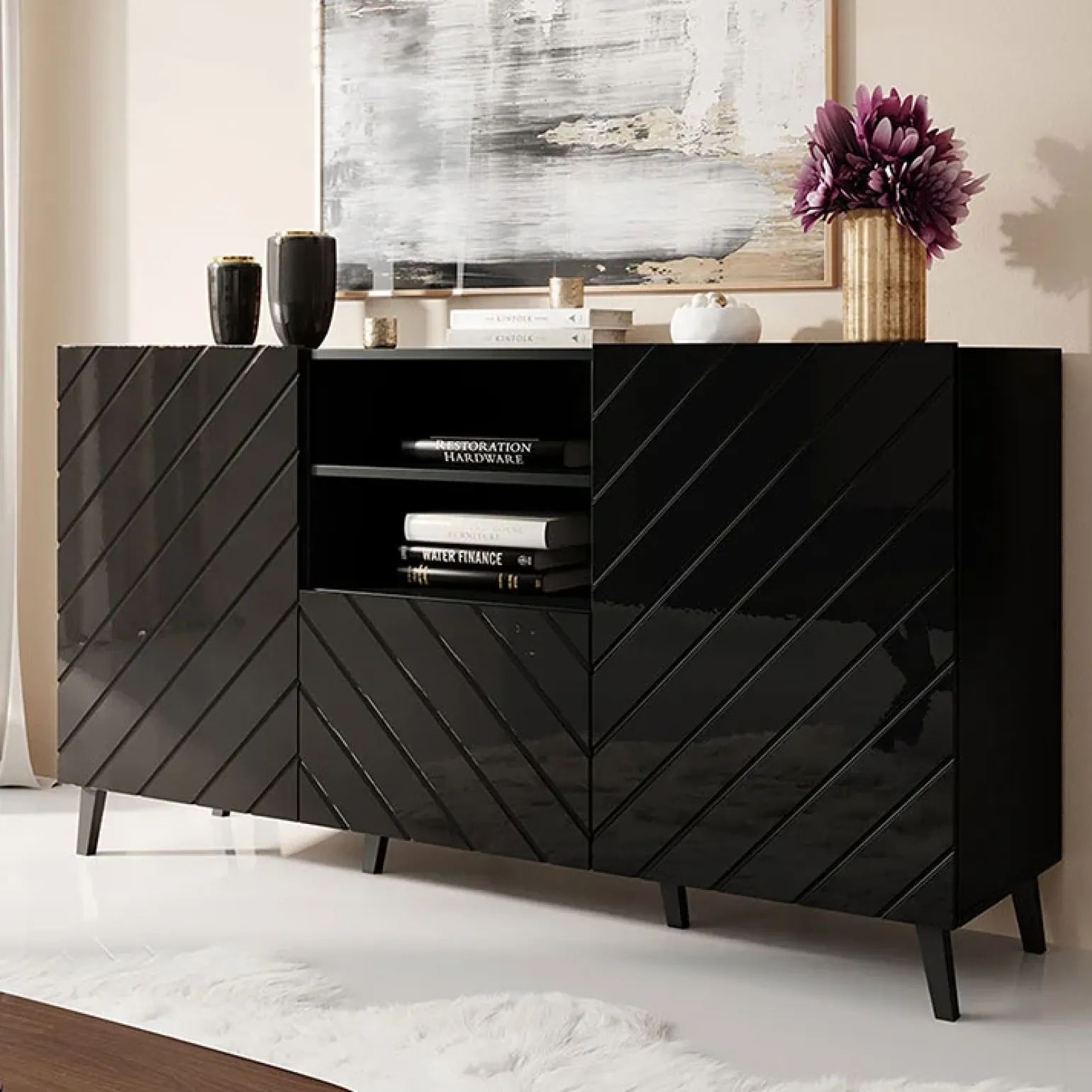 Credenza 150x82h cm 2 ante 1 cassetto moderna decorato nero lucido Placida