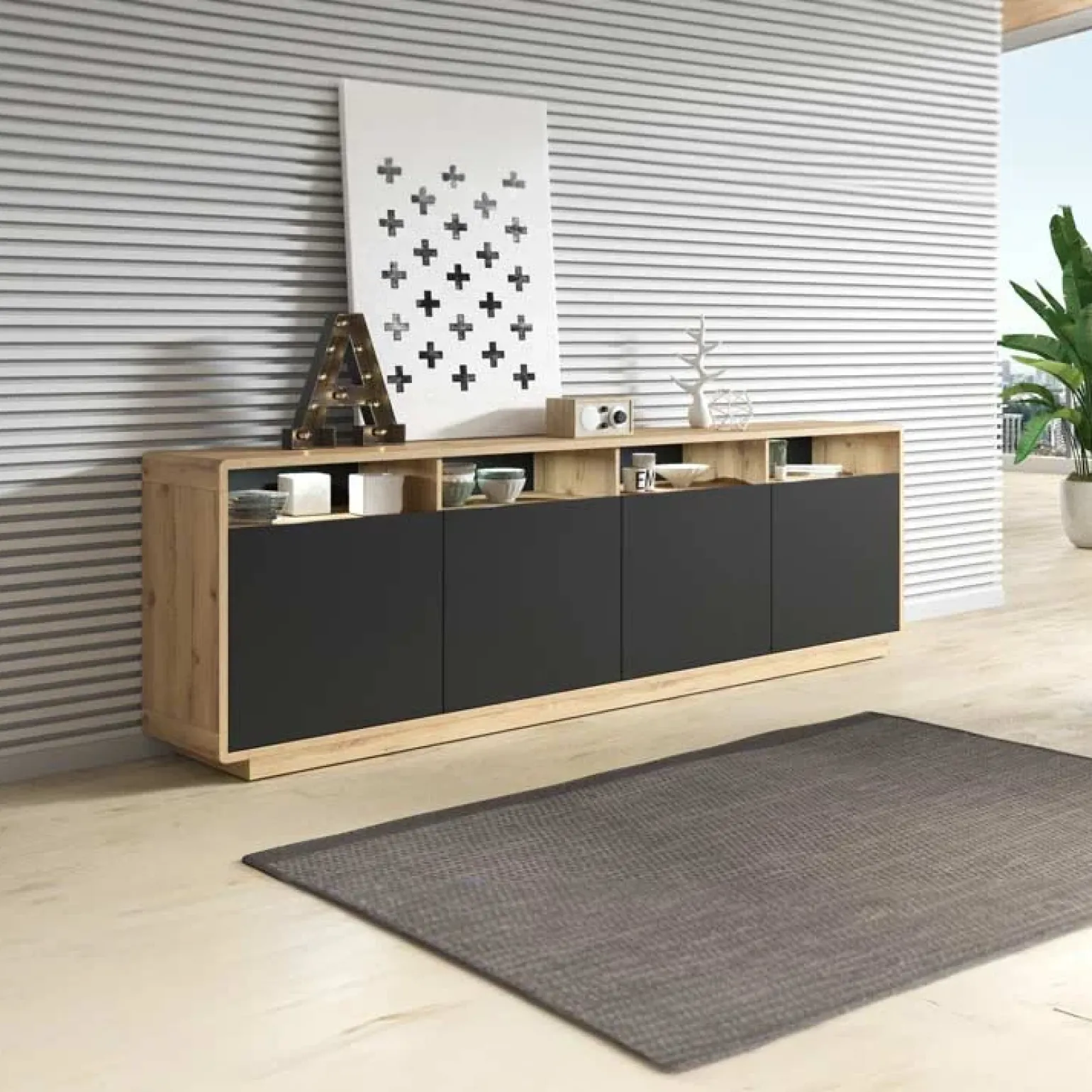 Credenza 238x75h cm 4 ante 4 vani a giorno moderna nero opaco rovere Esmond