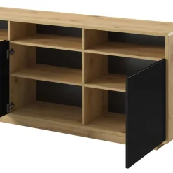 Credenza 238x75h cm 4 ante 4 vani a giorno moderna nero opaco rovere Esmond