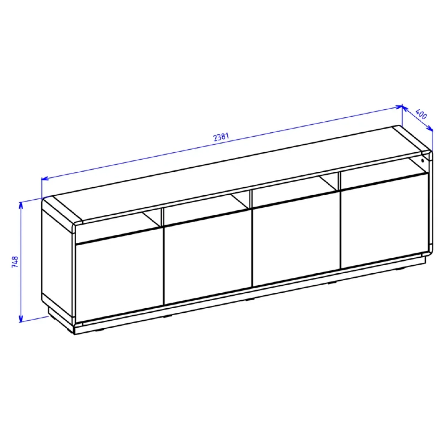 Credenza 238x75h cm 4 ante 4 vani a giorno moderna nero opaco rovere Esmond
