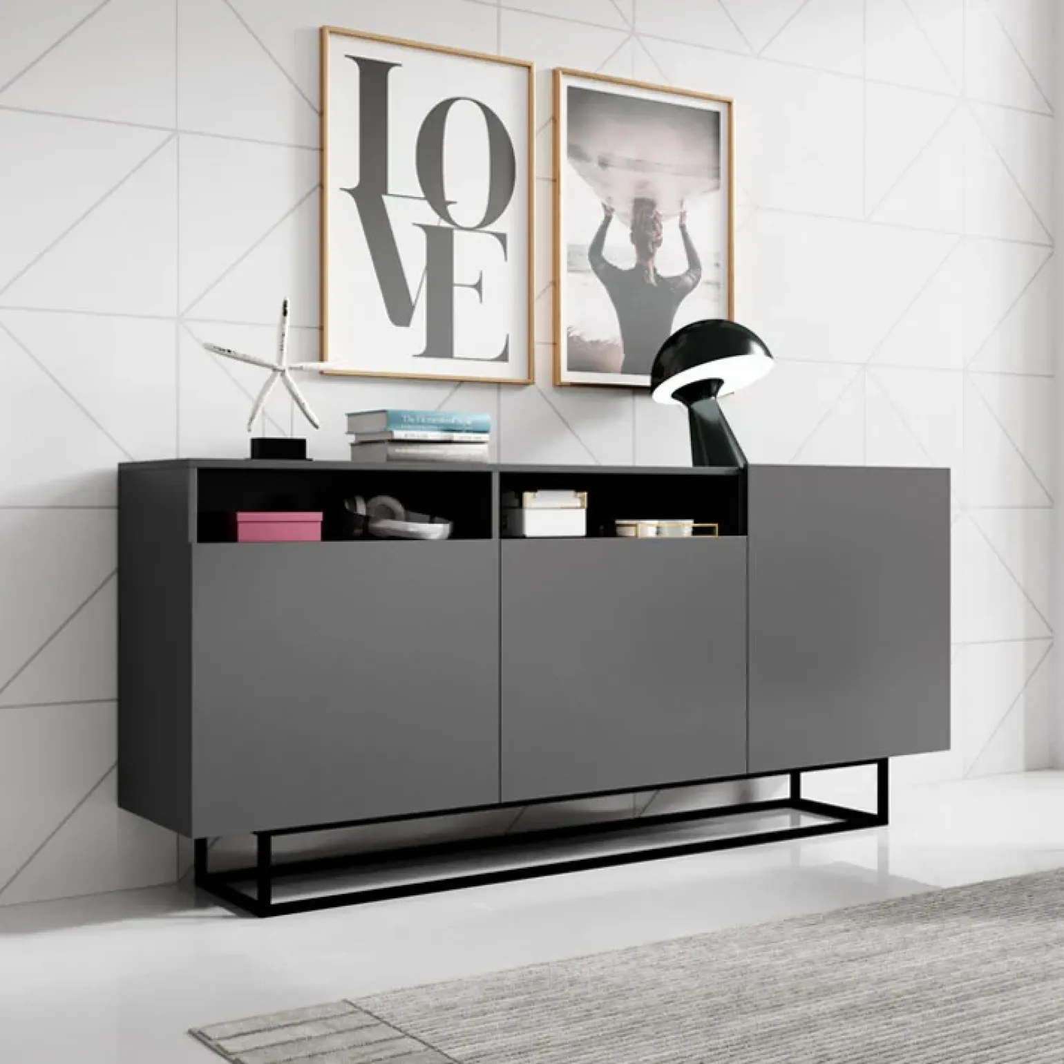 Credenza 180x80h cm 3 ante 2 vani moderna antracite nero Erice Gihome®