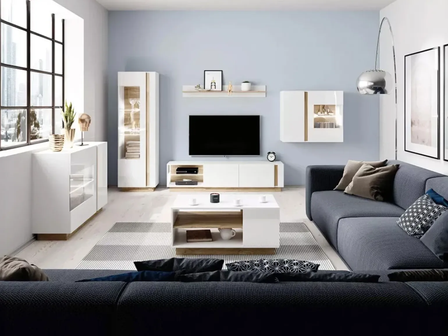 Credenza 138x91h cm 3 ante con vetrina moderna bianco rovere Noa Gihome®
