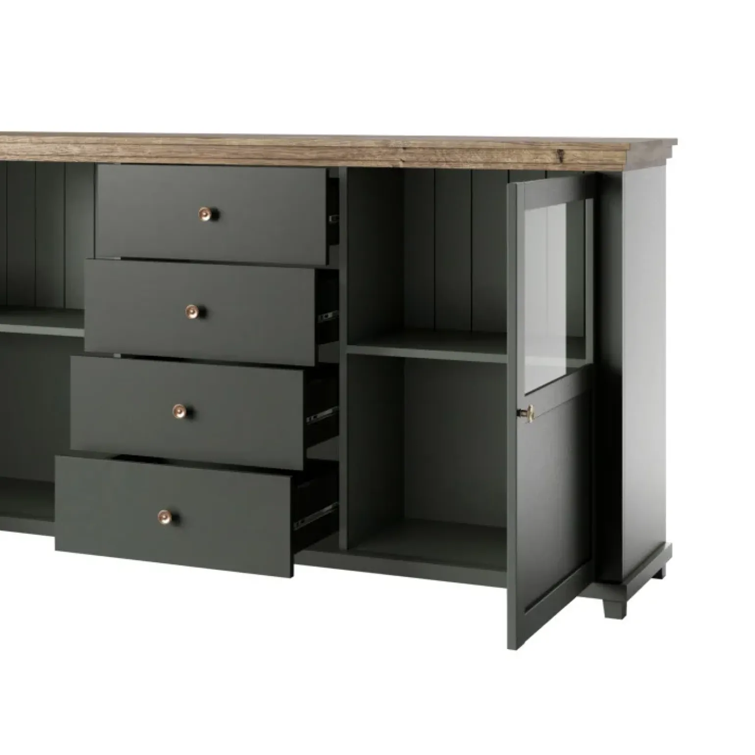 Credenza 181x93h cm 2 ante con vetrinetta 4 cassetti verde quercia Texel