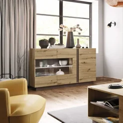Credenza 138x91h cm 3 ante con vetrina moderna rovere antracite Noa Gihome®