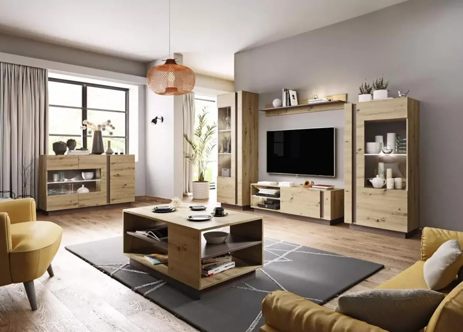 Credenza 138x91h cm 3 ante con vetrina moderna rovere antracite Noa Gihome®