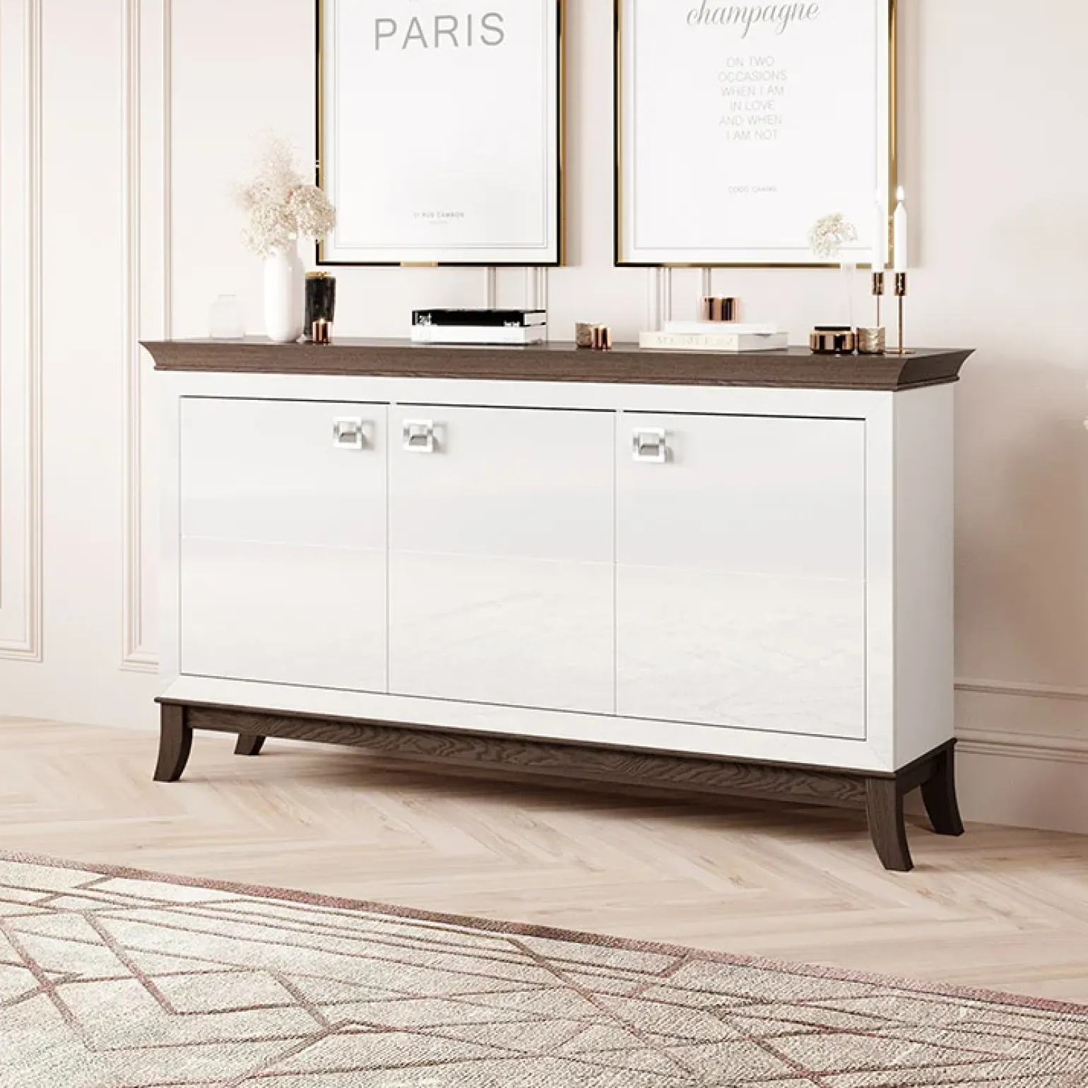 Credenza 160x92h cm 3 ante moderna bianco lucido rovere scuro Umag