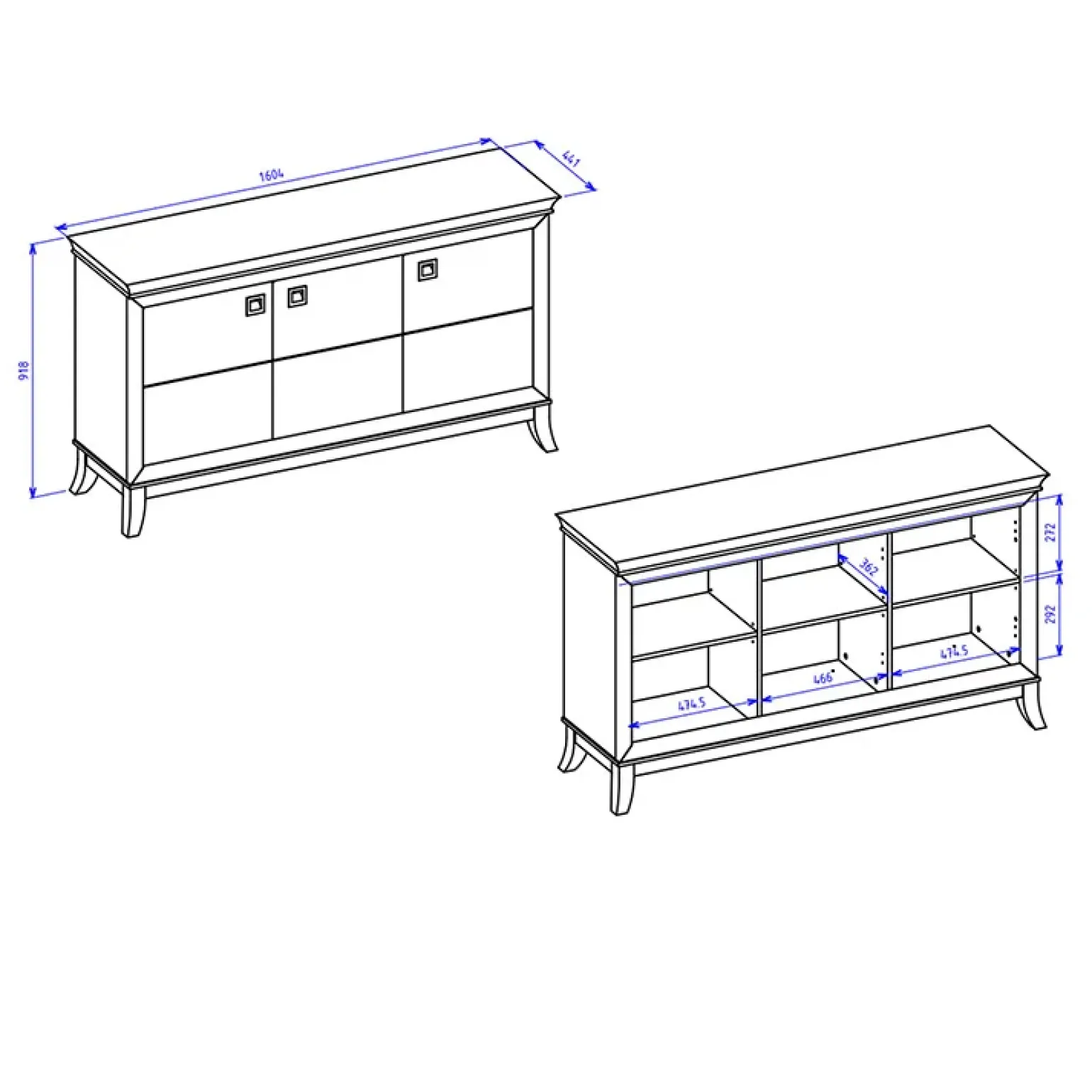 Credenza 160x92h cm 3 ante moderna bianco lucido rovere scuro Umag