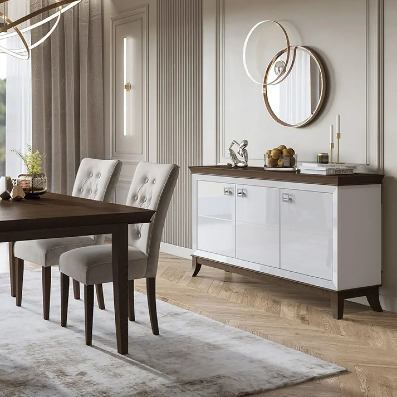 Credenza 160x92h cm 3 ante moderna bianco lucido rovere scuro Umag