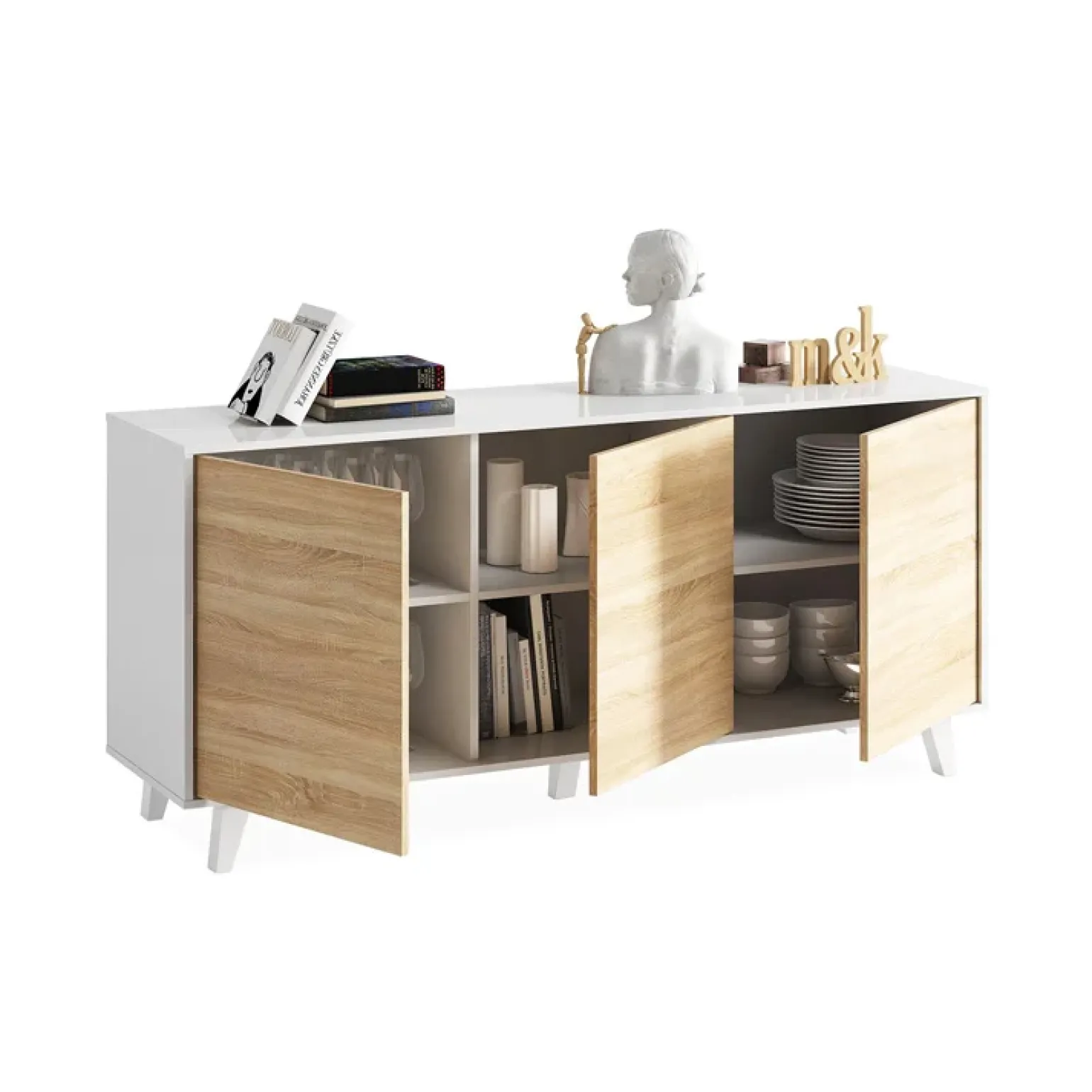 Credenza 154x75h cm 3 ante moderna bianco lucido rovere Erica Gihome®