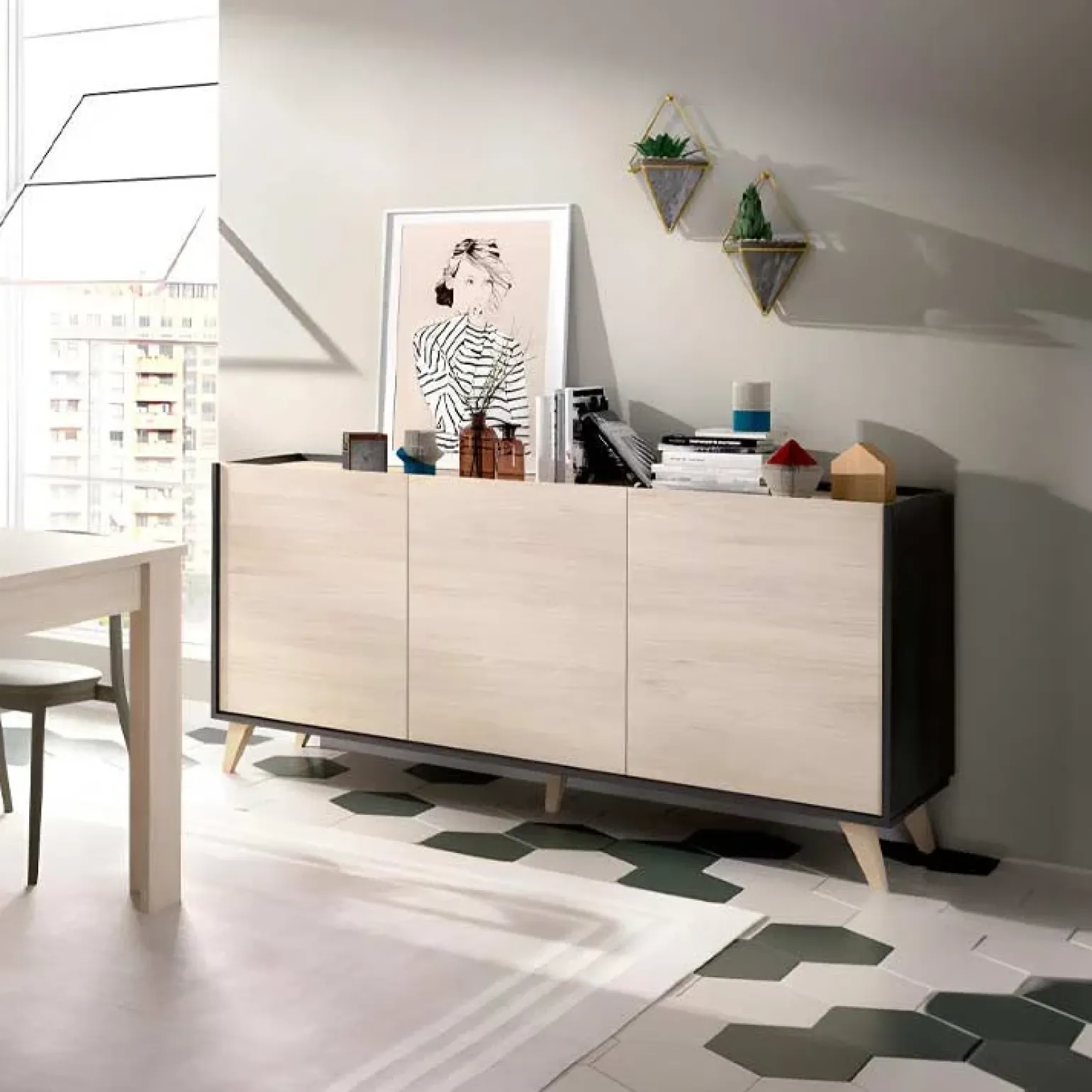 Credenza 155x75h cm 3 ante moderna ante rovere grafite Elmer