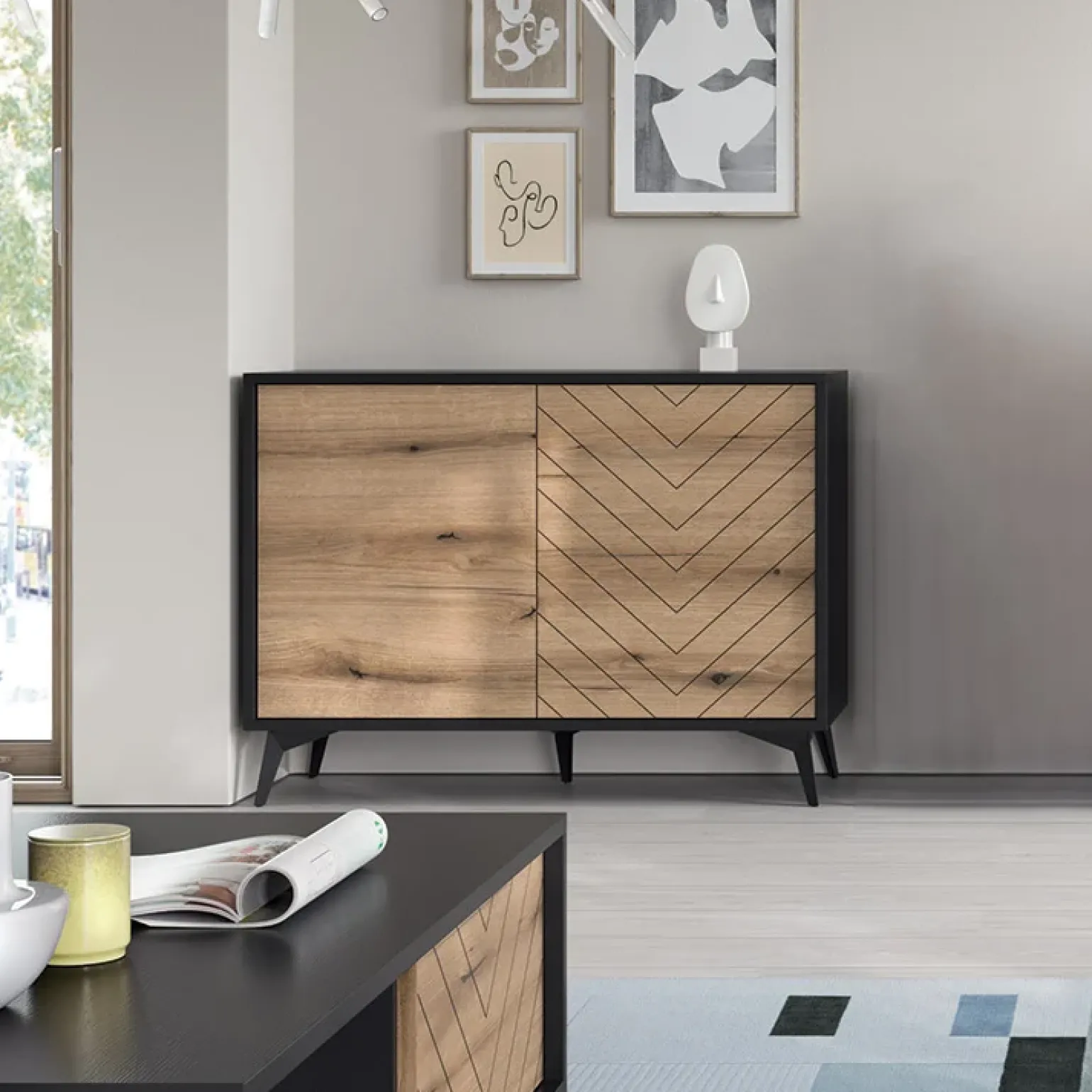 Credenza 104x77h cm 2 ante moderna soggiorno quercia nero Becca
