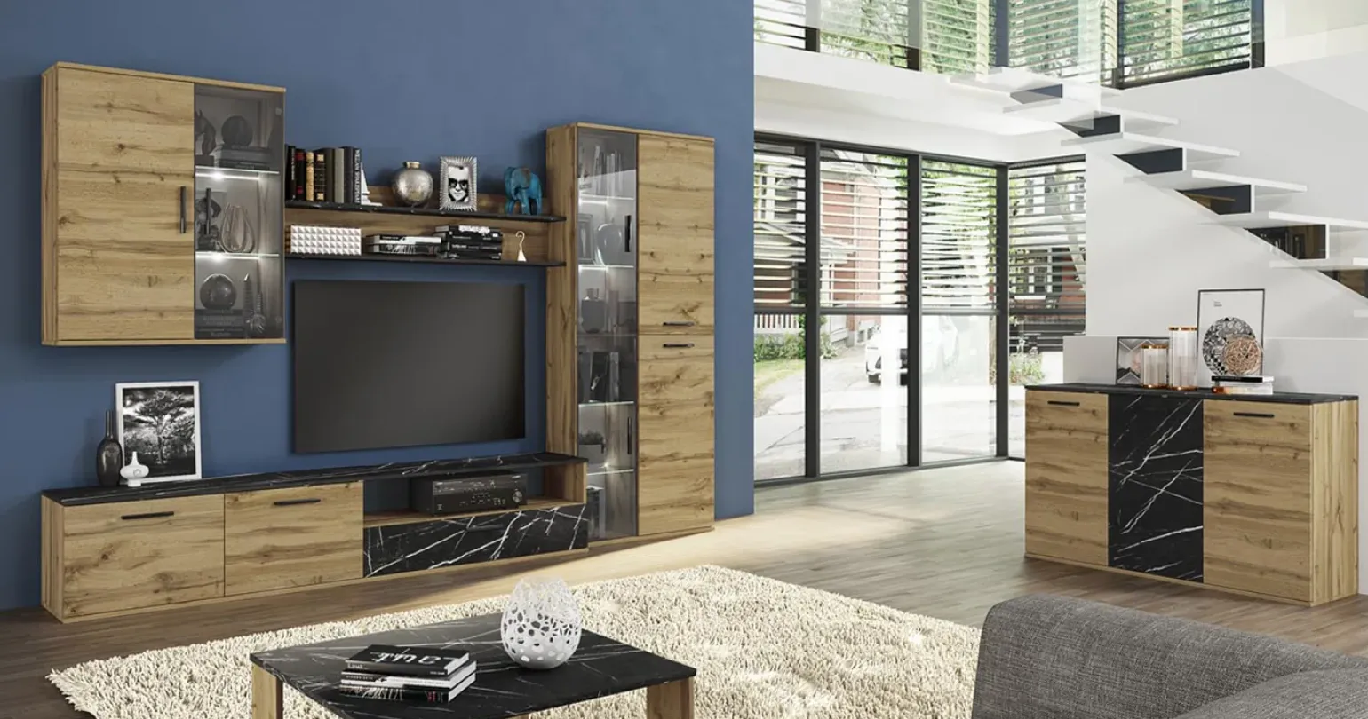 Credenza 138x76h cm 3 ante moderna rovere grigio effetto marmo Rabat